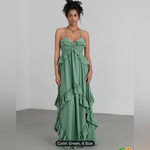 Womens salad green sz XL long  maxi boho vacation open back a-line ruffled dress